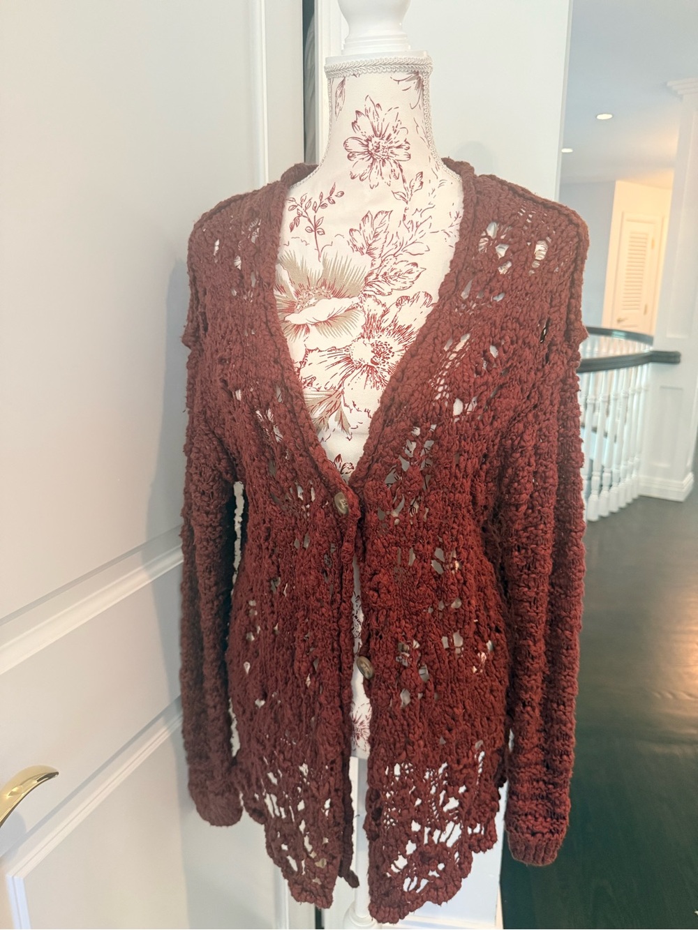 Free People Openwork Knit Cardigan in burgundy
